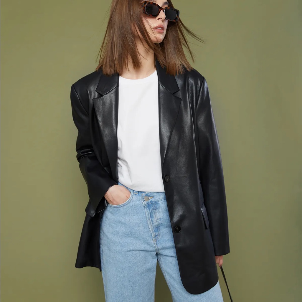 Oak + Fort Black Leather Blazer